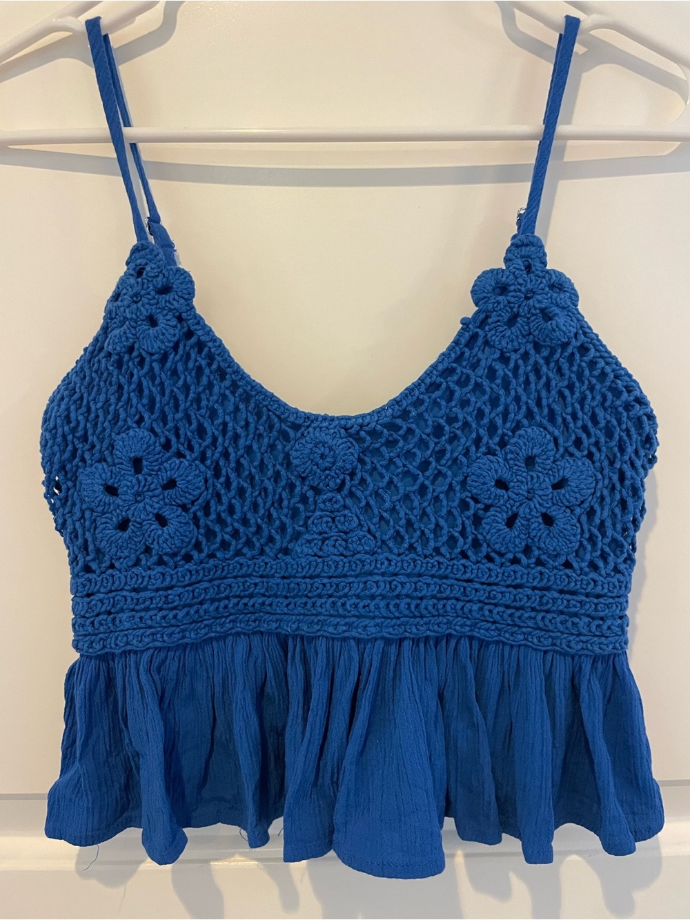 Blue Crochet-Detail Spaghetti Strap Camisole
